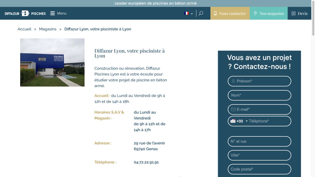 Capture de la fiche du fabricant partenaire pour Diffazur Lyon – Compagnie des Piscines du Rhône