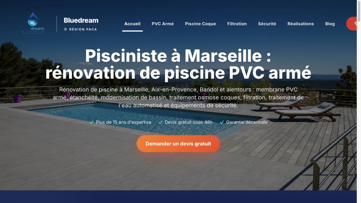 Capture du site de Bluedream Piscines